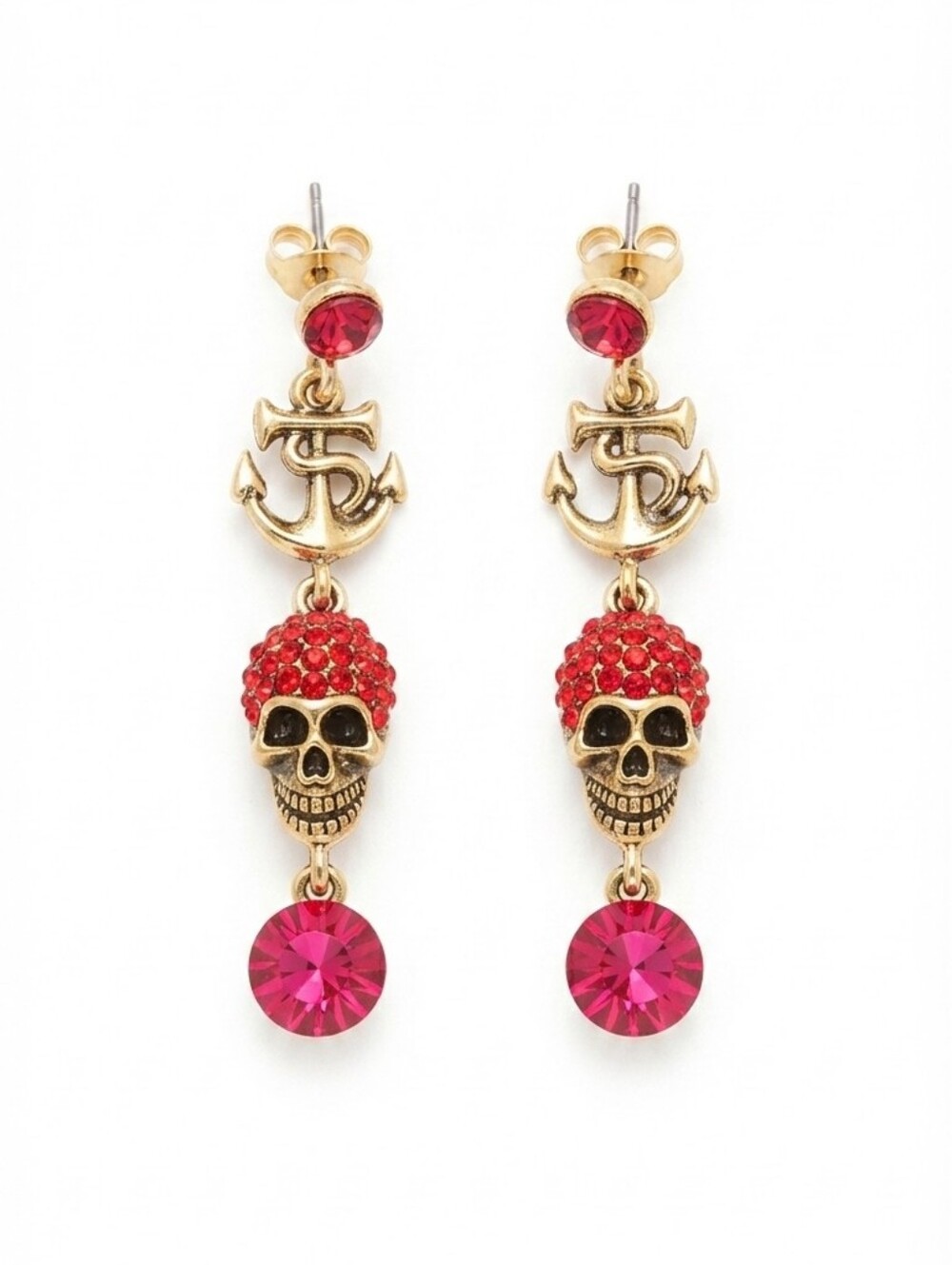 Gold Tone Red Rhinestone Crystal Skull Anchor Dangle Drop Earrings Gothic Nauti